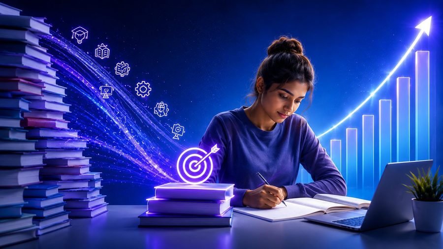Student filtering out distractions like social media and notifications to focus on studying